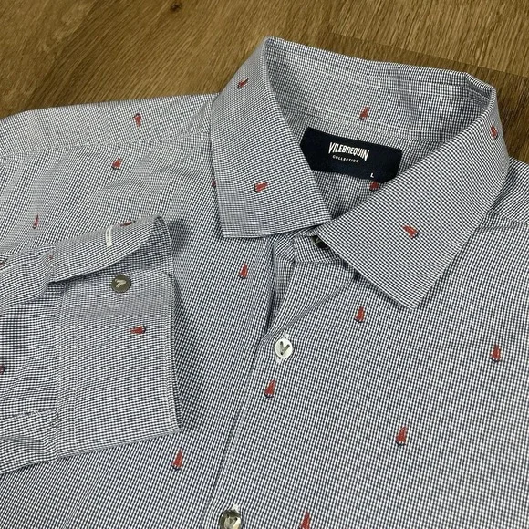 Vilebrequin Dress Shirt Mens Size Large Blue Check SAILBOAT ALL OVER PRINT EUC - Picture 1 of 9